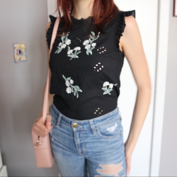 Embroidered Flowers Black Ruffled Shirt - Picture 5 of 6